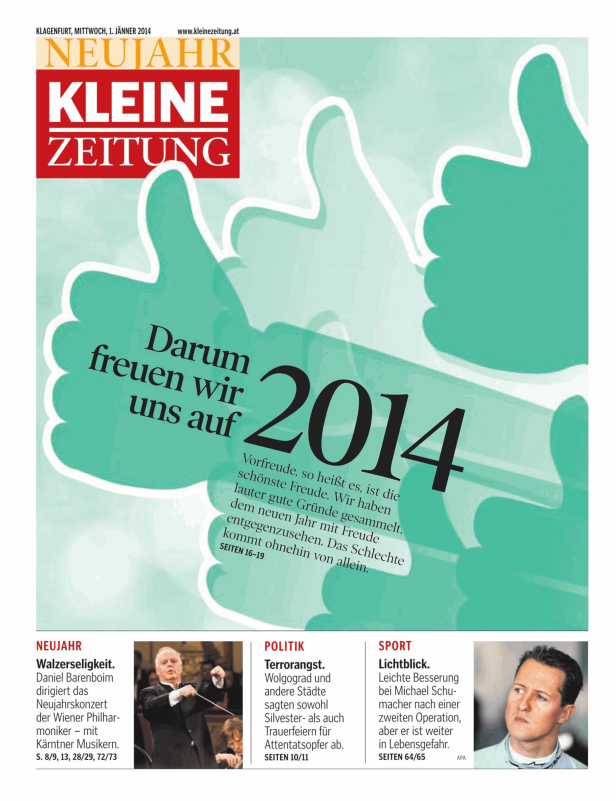 Titelseite der Kleinen Zeitung zum Neujahr 2014.