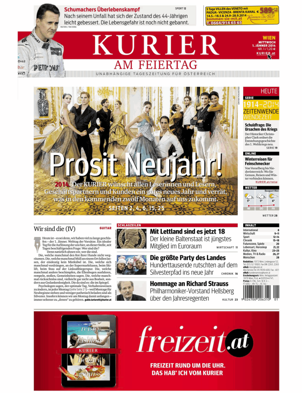 Titelseite des Kurier vom 1. Jänner 2014 mit dem Titel „Prosit Neujahr!“.