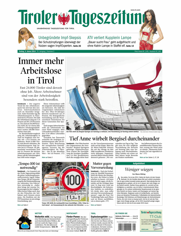 Titelseite der Tiroler Tageszeitung vom 3. Jänner 2014 mit Artikeln zu Arbeitslosigkeit und dem Bergisel-Springen.