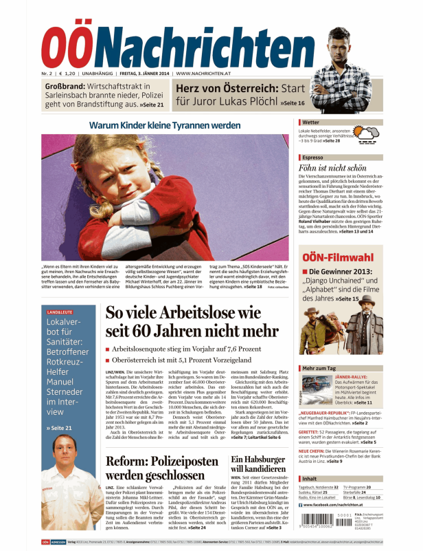 Titelseite der OÖNachrichten vom 3. Jänner 2014 mit Artikeln zu Arbeitslosigkeit, Politik und Kultur.