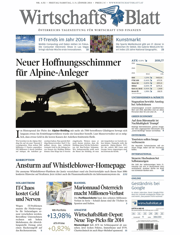 Silhouette eines Baggers vor einem bewölkten Himmel auf der Titelseite des WirtschaftsBlatt.