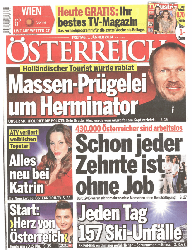 Titelseite der Zeitung „Österreich“ vom 3. Jänner 2014 mit verschiedenen Schlagzeilen.