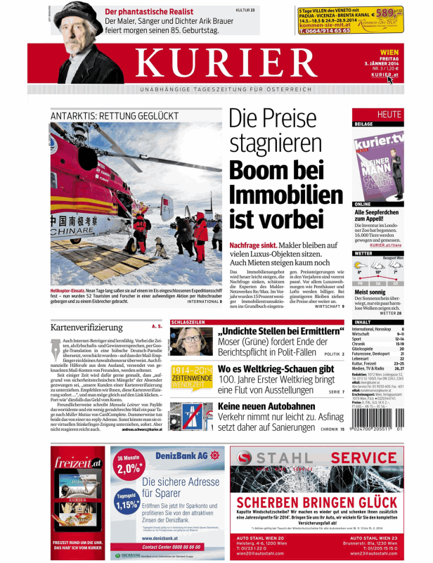Titelseite der Zeitung Kurier vom 3. Jänner 2014.