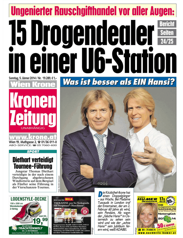 Titelseite der Kronen Zeitung mit einem Artikel über Drogenhandel und einem Bild von Hansi Hinterseer.