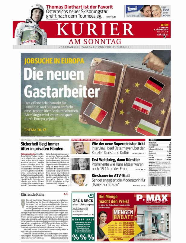 Titelseite des Kurier am Sonntag mit einem Artikel über neue Gastarbeiter in Europa.