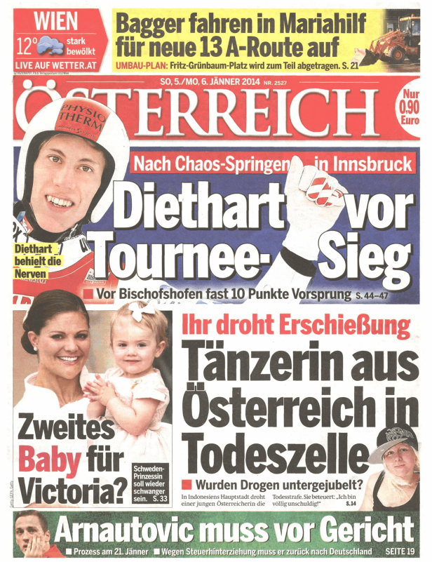 Titelseite der Zeitung „Österreich“ vom 5./6. Jänner 2014 mit Bildern von Skispringer Diethart und Prinzessin Victoria mit Kind.