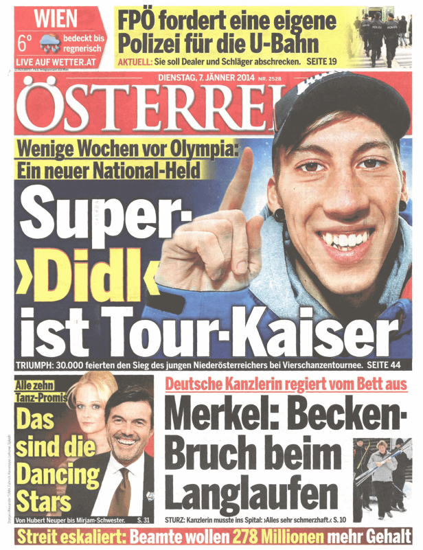 Titelseite der Zeitung „Österreich“ vom 7. Jänner 2014 mit dem Skispringer „Super-Didl“ auf dem Titel.