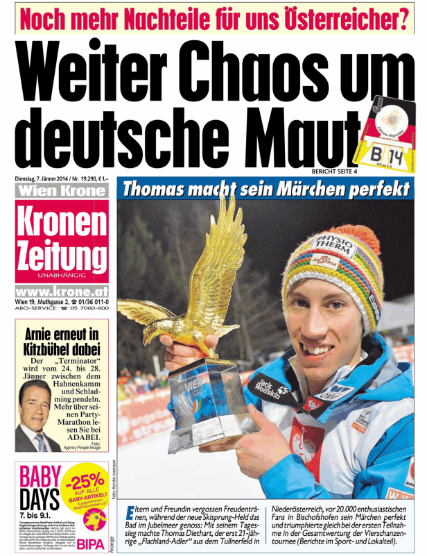 Der Skispringer Thomas Diethart mit dem goldenen Adler der Vierschanzentournee.