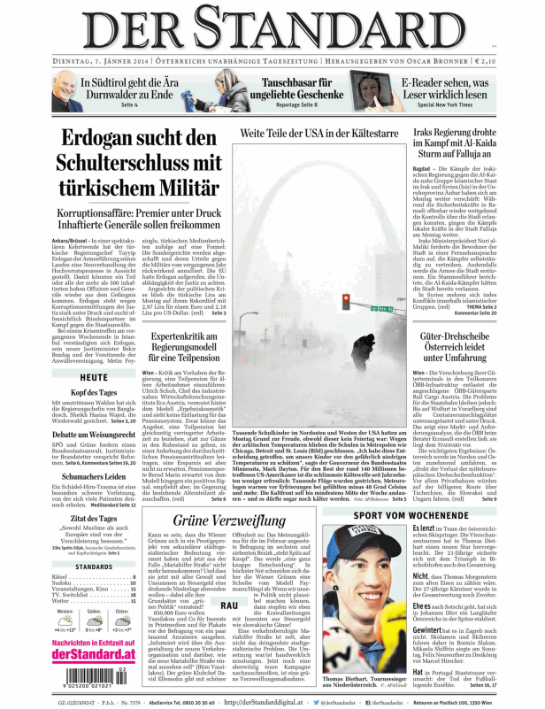Titelseite der Zeitung „Der Standard“ vom 7. Jänner 2014.