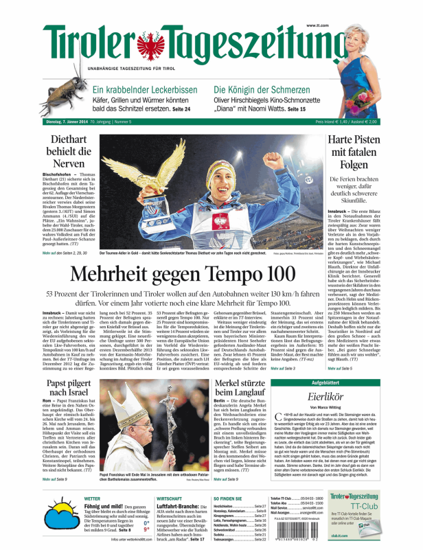 Titelseite der Tiroler Tageszeitung vom 7. Jänner 2014.