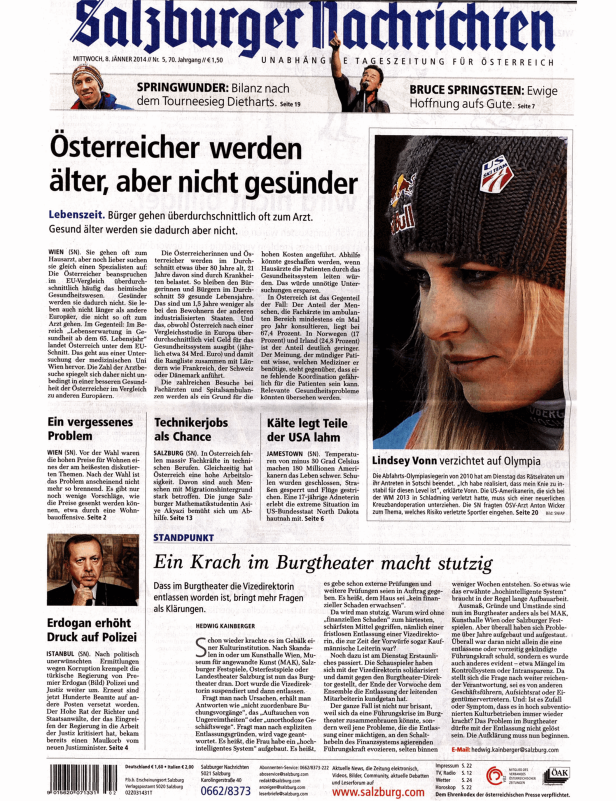 Titelseite der Salzburger Nachrichten vom 8. Jänner 2014.