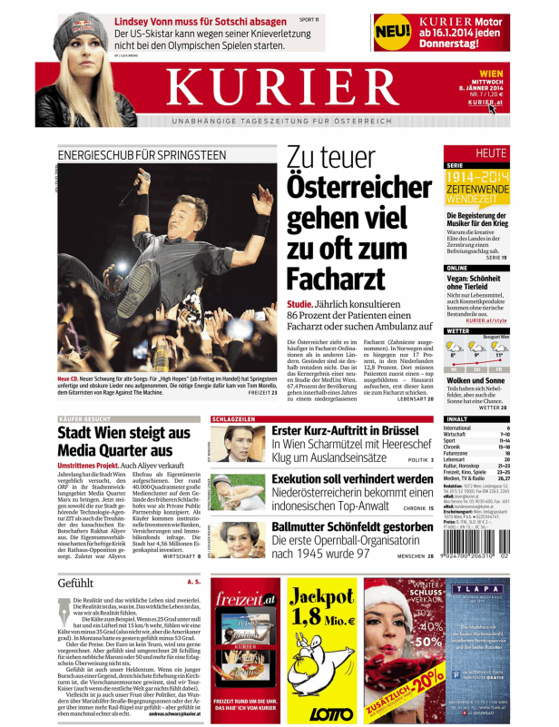 Titelseite des Kurier vom 8. Jänner 2014 mit Meldungen zu Sport, Politik und Wirtschaft.