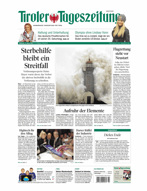 Titelseite der Tiroler Tageszeitung vom 8. Jänner 2014.