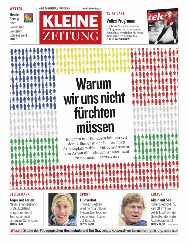 Titelseite der Kleinen Zeitung vom 9. Jänner 2014 mit dem Titel „Warum wir uns nicht fürchten müssen“.