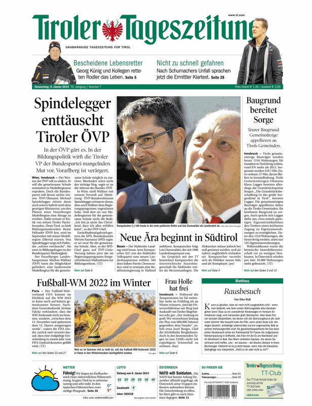 Titelseite der Tiroler Tageszeitung vom 9. Jänner 2014.