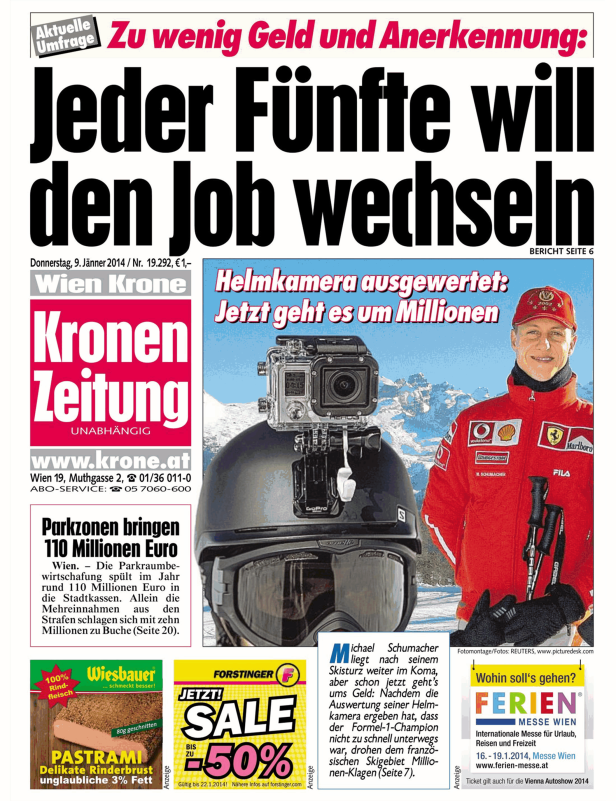 Titelseite der „Kronen Zeitung“ mit Artikeln über Michael Schumacher und eine Helmkamera.