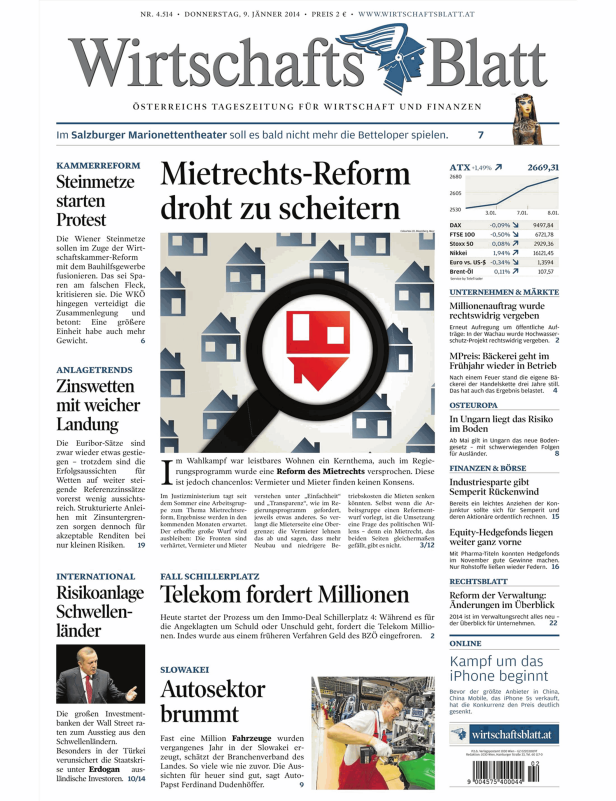 Titelseite des Wirtschaftsblatt vom 9. Jänner 2014.
