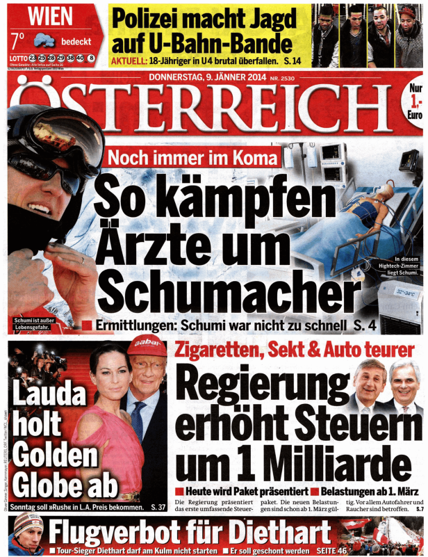 Titelseite der Zeitung „Österreich“ vom 9. Januar 2014 mit Schlagzeilen zu Schumacher, Lauda und Steuern.