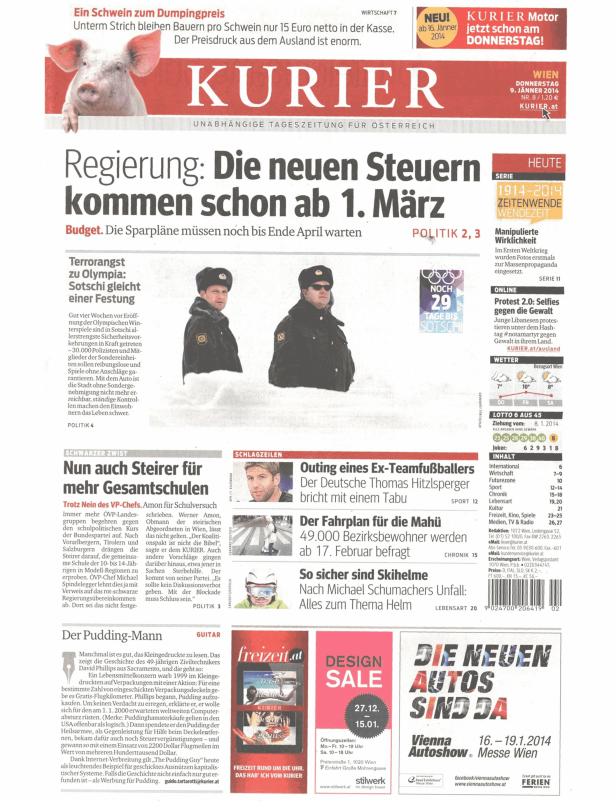 Titelseite des „Kurier“ vom 9. Jänner 2014 mit Artikeln zu verschiedenen Themen.