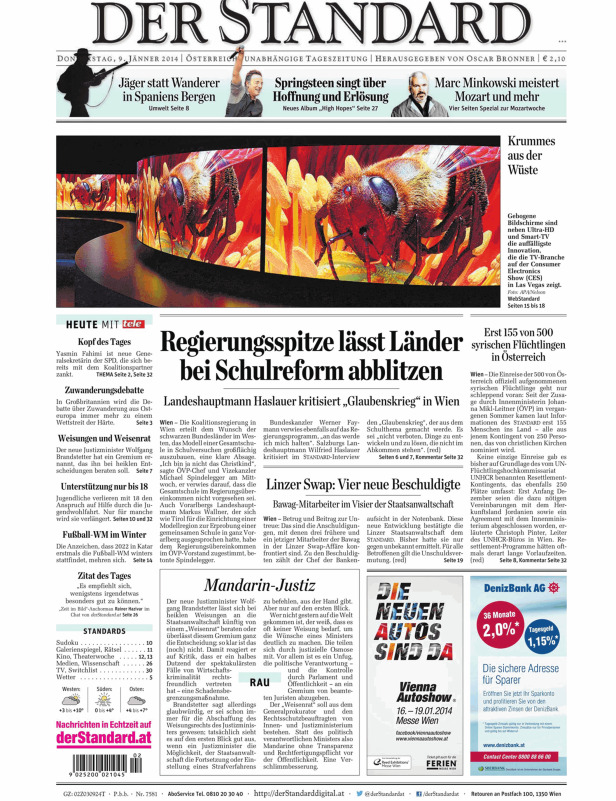 Titelseite der Zeitung „Der Standard“ vom 9. Jänner 2014.