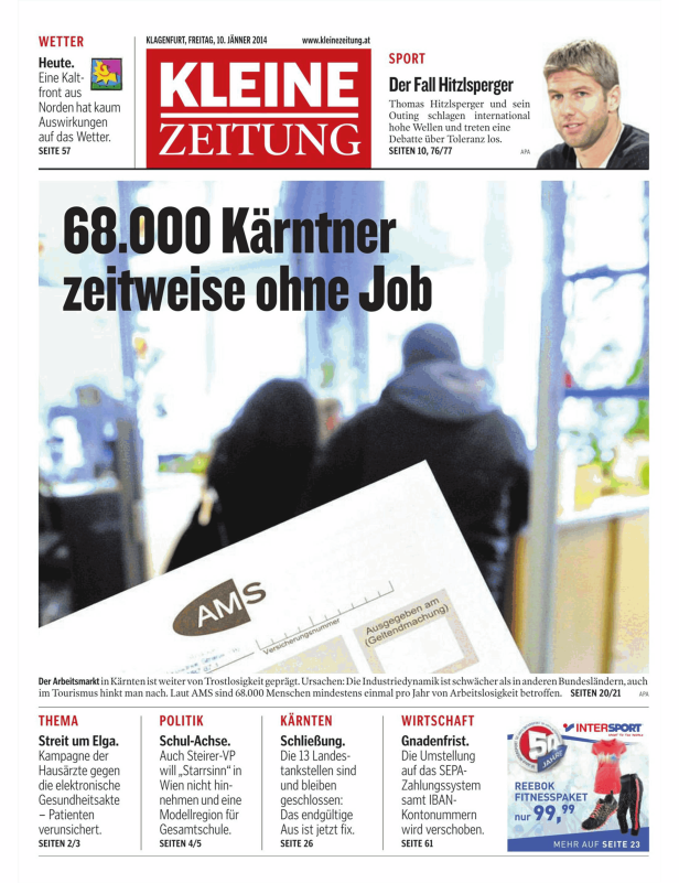 Titelseite der Kleinen Zeitung vom 10. Jänner 2014 mit Artikeln zu Arbeitslosigkeit und Sport.