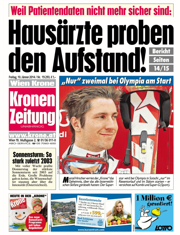 Titelseite der „Kronen Zeitung“ mit einem Bild von Marcel Hirscher.