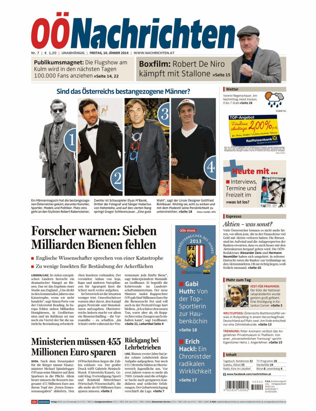Titelseite der OÖNachrichten vom 10. Jänner 2014 mit Artikeln über Politik, Wirtschaft und Sport.