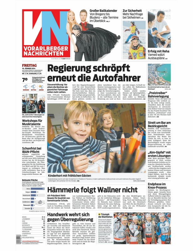 Titelseite der Vorarlberger Nachrichten vom 10. Januar 2014.