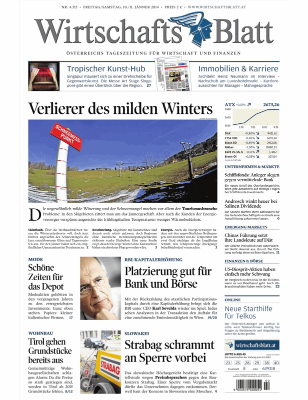 Titelseite des Wirtschaftsblatt vom 10./11. Jänner 2014 mit Artikeln zu Wirtschaft und Finanzen.