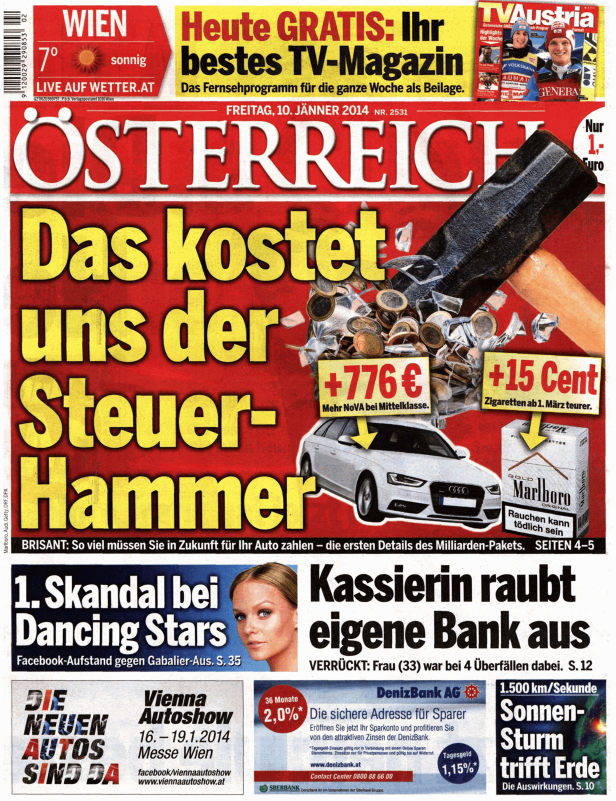 Titelseite der Zeitung „Österreich“ vom 10. Jänner 2014 mit dem Titelthema Steuererhöhungen.