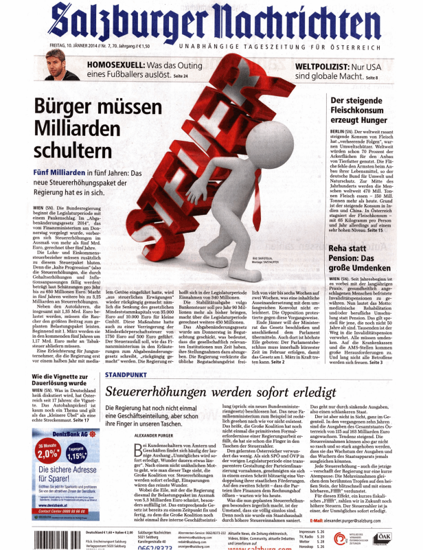 Eine Karikatur in einer Zeitung zeigt eine Person, die unter einer Last von Steuererhöhungen zusammenbricht.