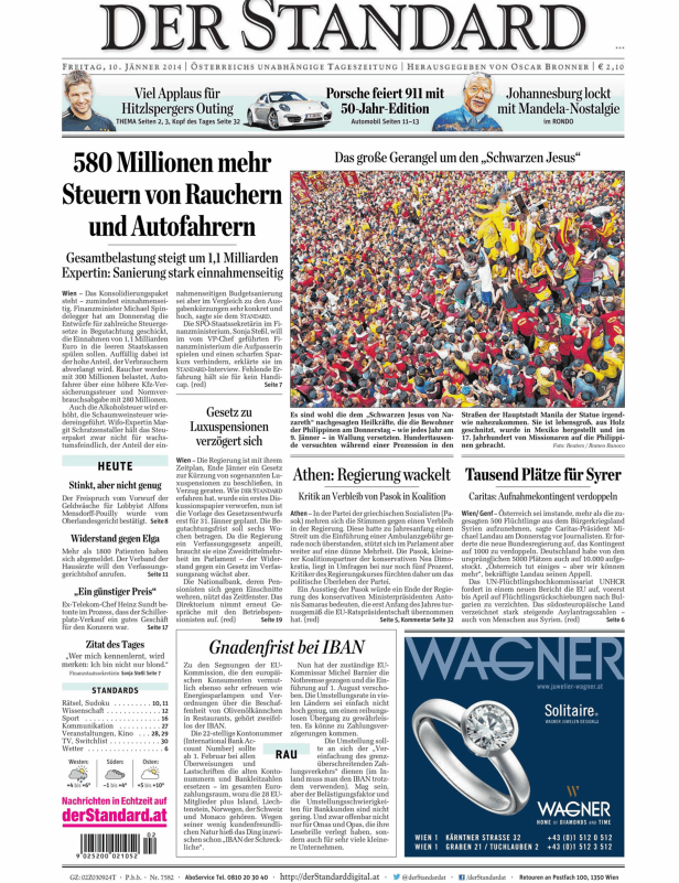 Titelseite der Zeitung Der Standard vom 10. Jänner 2014.