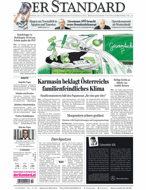 Titelseite der Zeitung „Der Standard“ vom 11./12. Jänner 2014.