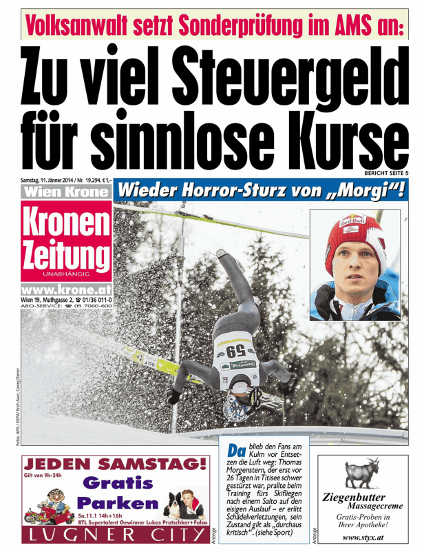 Der Skispringer Thomas Morgenstern stürzt bei einem Sprung schwer.