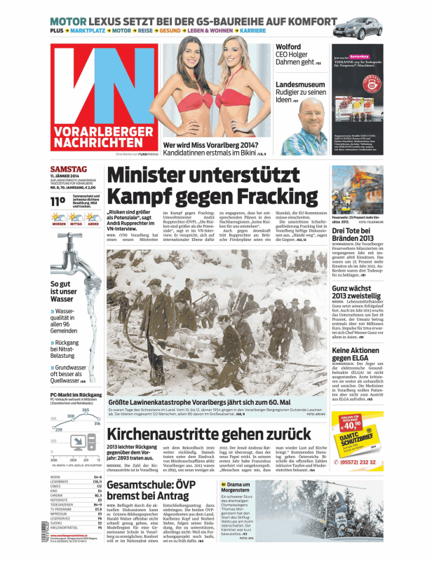 Titelseite der Vorarlberger Nachrichten vom 11. Jänner 2014.
