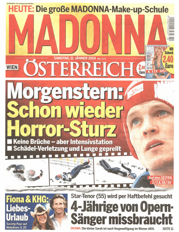 Titelseite der Zeitschrift „Madonna“ vom 11. Jänner 2014 mit dem Bericht über einen Skiunfall von Thomas Morgenstern.