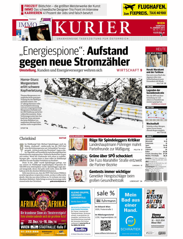 Titelseite der Zeitung „Kurier“ vom 11. Jänner 2014 mit verschiedenen Artikeln und Anzeigen.