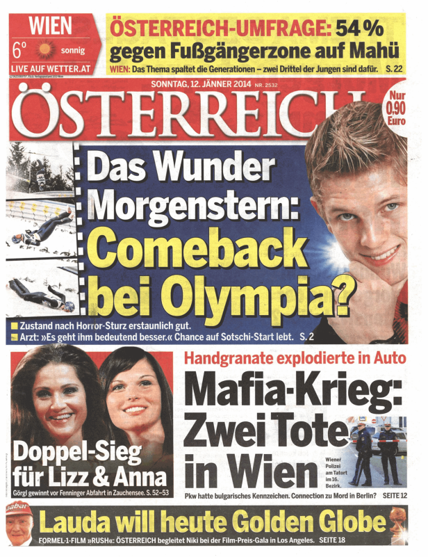 Titelseite der Zeitung „Österreich“ vom 12. Januar 2014 mit Schlagzeilen zu Ski-Star Morgenstern und einem Mafia-Krieg in Wien.