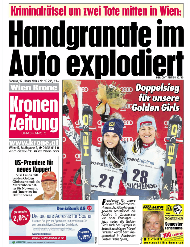 Titelseite der „Kronen Zeitung“ mit einem Artikel über den Doppelsieg von Skirennläuferinnen.