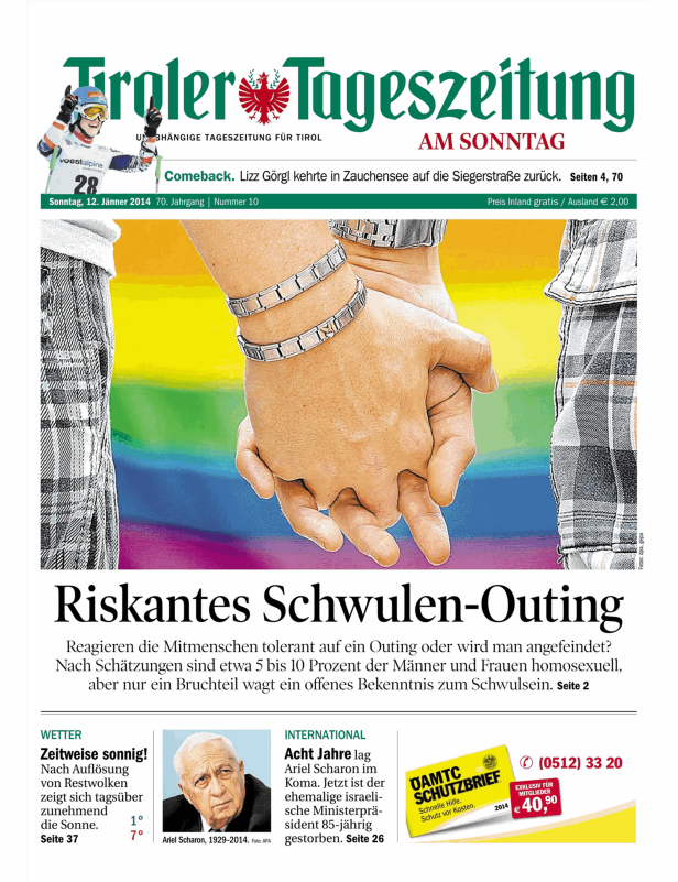 Titelseite der Tiroler Tageszeitung zum Thema „Riskantes Schwulen-Outing“ mit Hände haltendem Paar vor Regenbogenfahne.