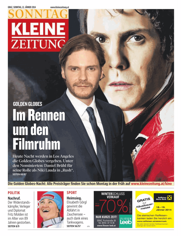Titelseite der Kleinen Zeitung mit Daniel Brühl und einem Hinweis auf die Golden Globes.