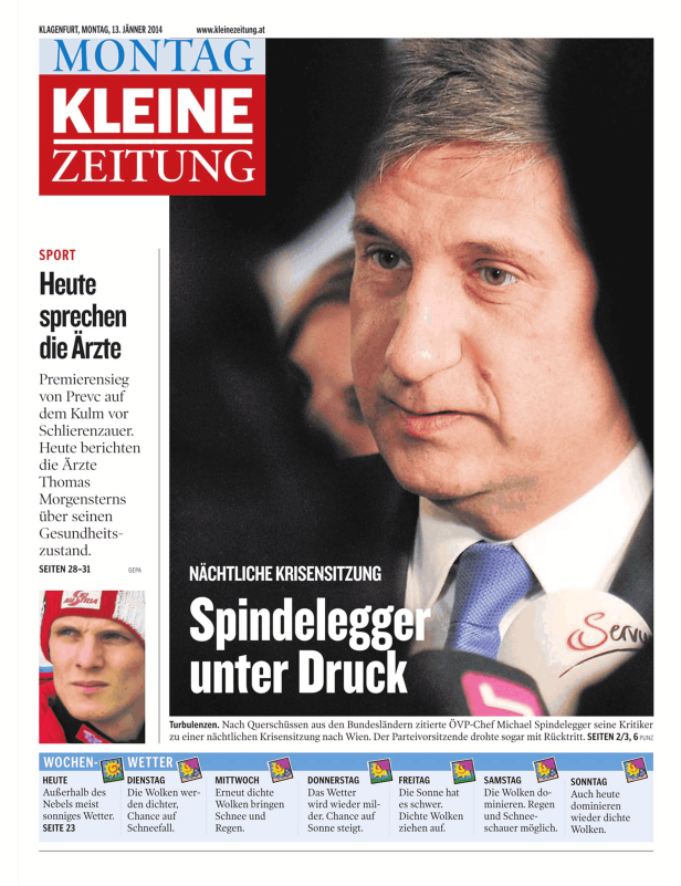 Michael Spindelegger auf einer Titelseite der Kleinen Zeitung zum Thema Krisensitzung.