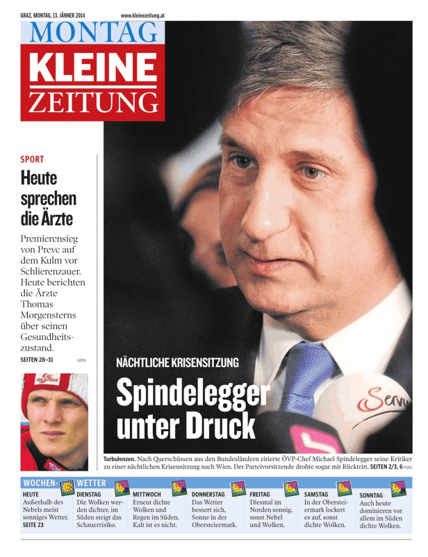 Titelseite der Kleinen Zeitung vom 13. Jänner 2014 mit einem Porträt von Michael Spindelegger.