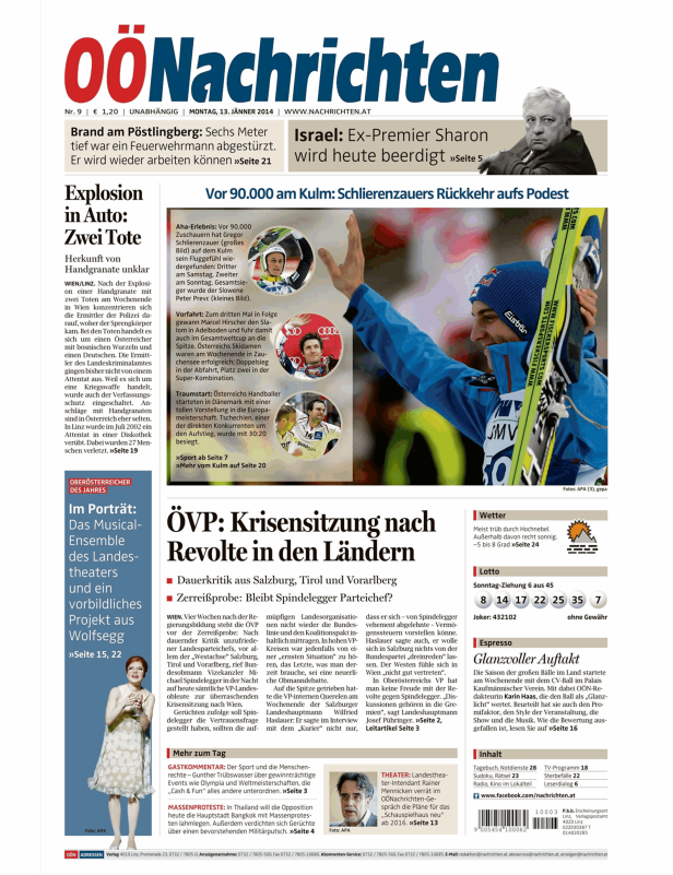 Titelseite der OÖNachrichten vom 13. Jänner 2014 mit Schlagzeilen zu verschiedenen Themen.