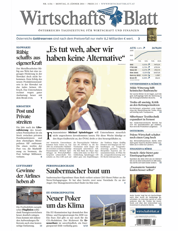 Titelseite des WirtschaftsBlatt vom 13. Jänner 2014.