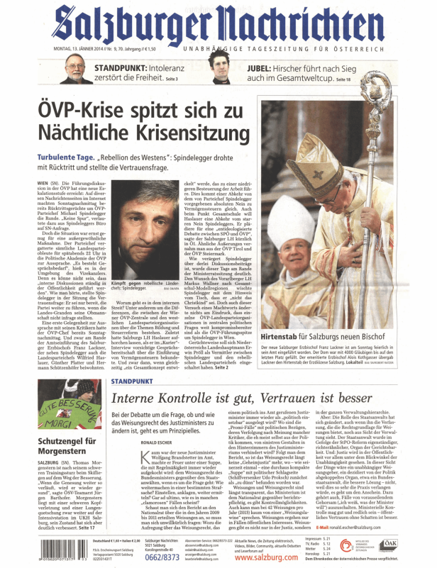 Titelseite der Salzburger Nachrichten vom 13. Jänner 2014.