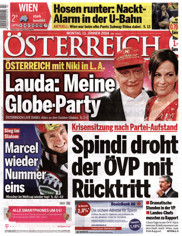 Titelseite der österreichischen Zeitung vom 13. Jänner 2014 mit Schlagzeilen zu Lauda, Ski Alpin und Politik.
