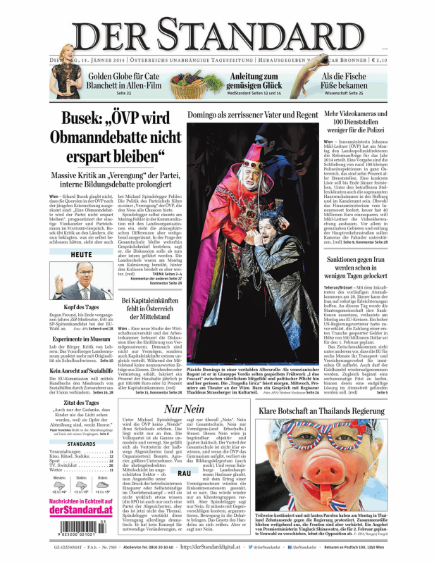 Titelseite der Zeitung „Der Standard“ vom 14. Jänner 2014.