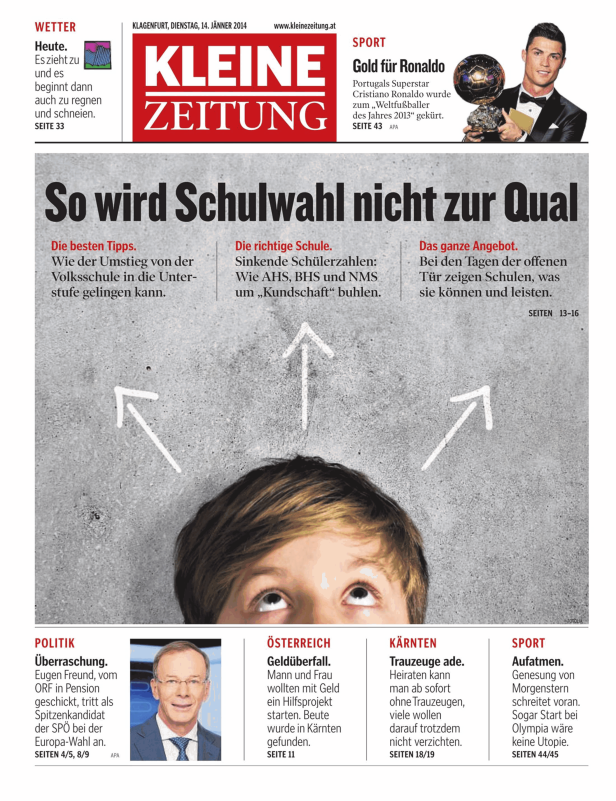 Ein Kind blickt erwartungsvoll nach oben, umgeben von Pfeilen an einer Betonwand.