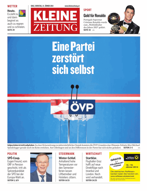 Titelseite der Kleinen Zeitung vom 14. Jänner 2014 mit dem Titel „Eine Partei zerstört sich selbst“ über der ÖVP.